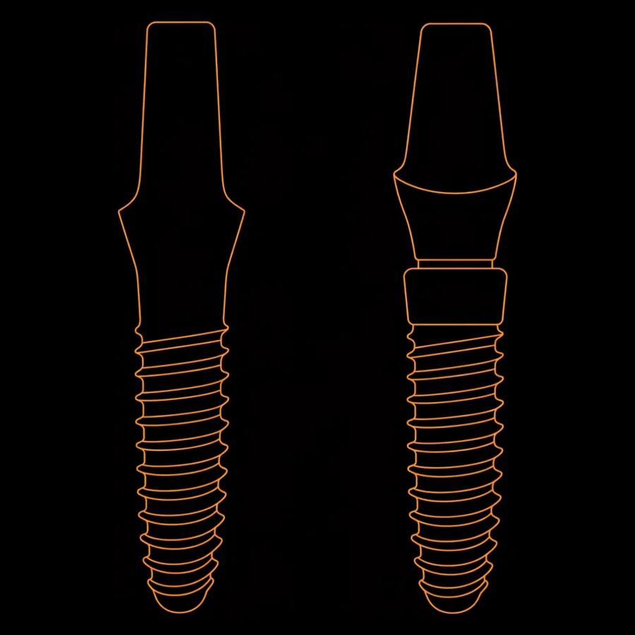 Schemazeichnung: einteiliges Implantat neben zweiteiligem Implantat mit getrenntem Aufbau